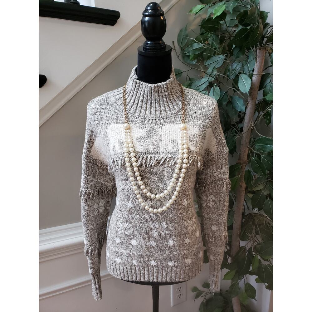 LOFT Christmas Sweater Women's Medium Gray Cotton Tussle‎ Long Sleeve High Neck